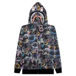Floral Camo Shark Relaxed Fit Full Zip Hoodie - Black