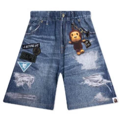 Kid's Bape Denim Print Sweat Shorts - Navy