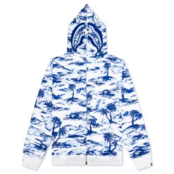 Palm Tree Camo Relaxed Fit Shark Full Zip Hoodie - Blue