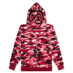 Palm Tree Camo Relaxed Fit Shark Full Zip Hoodie - Red