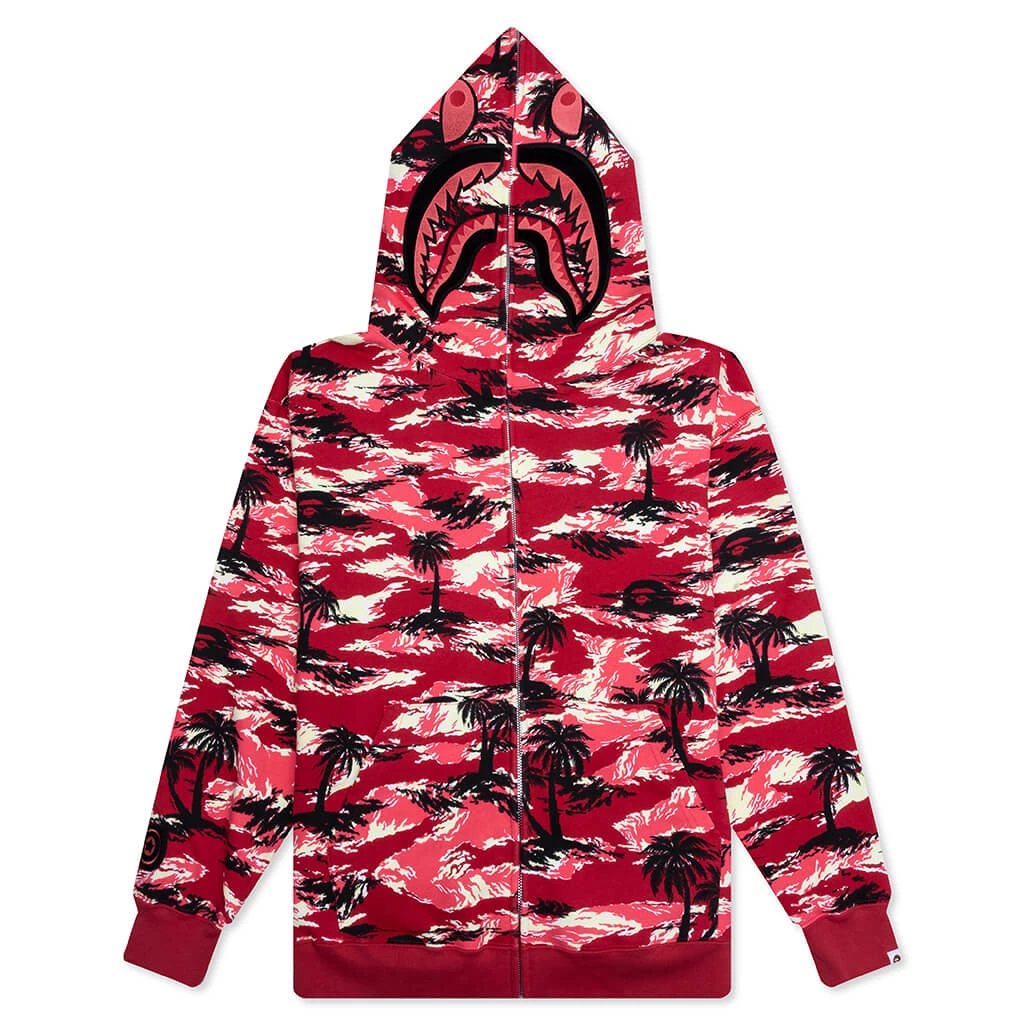 Palm Tree Camo Relaxed Fit Shark Full Zip Hoodie - Red 3 Palm Tree Camo Relaxed Fit Shark Full Zip Hoodie - Red